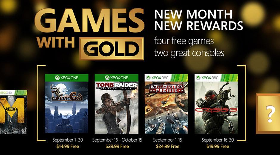  Aquí están los juegos gratis de Games with Gold en Septiembre 2015 con Tomb Raider Definitive Edition y The Deer God en Xbox One.